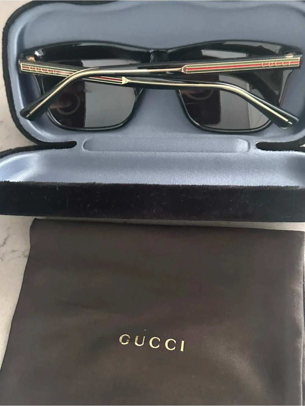 Gucci Men’s Black Sunglasses with Gold and Red-Green Stripe Accents